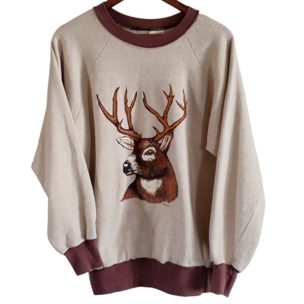 Ace Vintage 1991 Deer Pullover Sweatshirt Sz L‎ Reindeer Buck Elk Hunting Nature - Picture 3 of 10